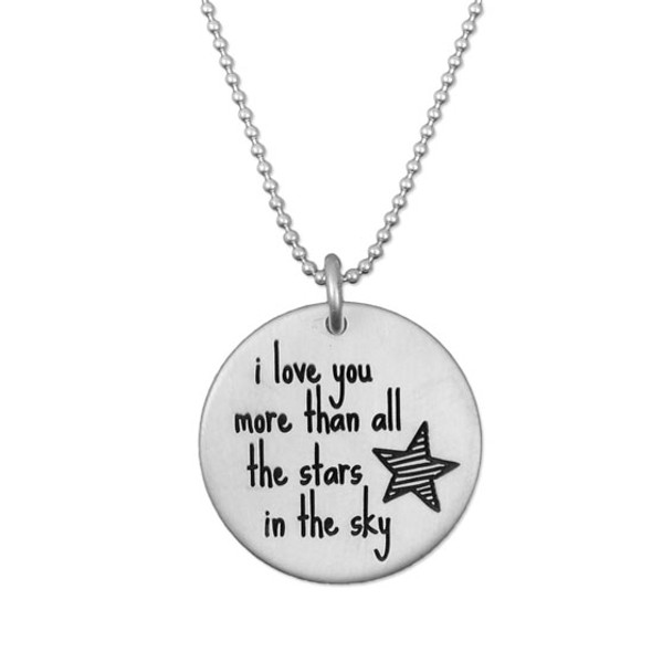 Custom Love You More Than All the Stars in the Sky silver necklace, shown close up on white