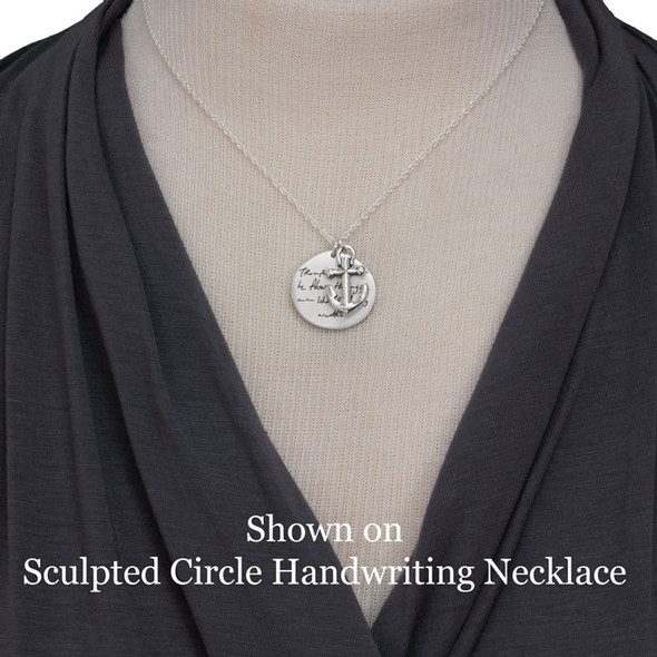 Example of fine pewter anchor charm in use, on a silver Sculpted Circle Handwriting Necklace, shown on a model