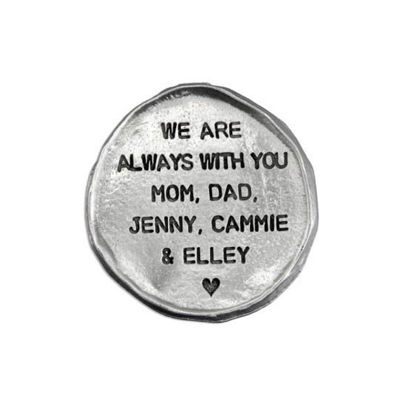 My Mantra Hand stamped fine pewter pocket token, with message to student from family as she moves to college, shown on white