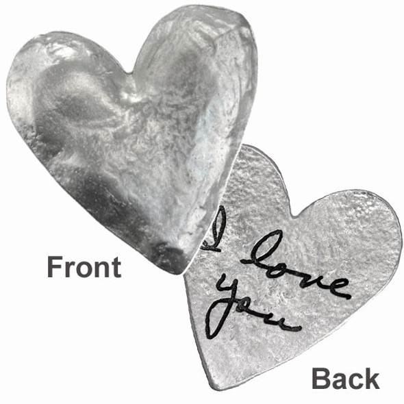 Heart pocket charm with handwriting in fine pewter, on white, personalized with handwritten "I Love You"