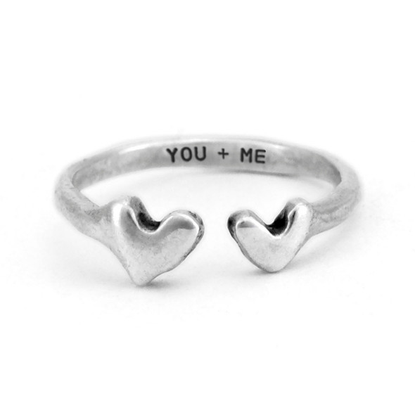 Double heart handcrafted sterling silver ring with You + Me on the inside