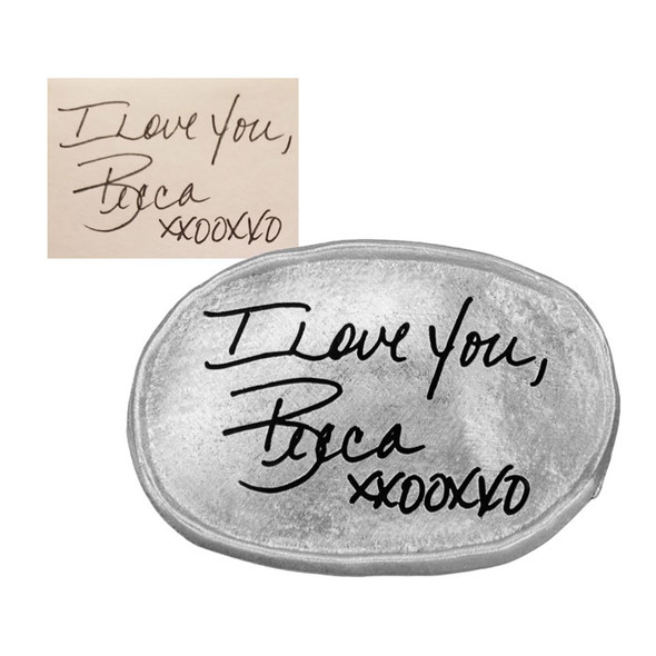 Handwritten note on fine pewter personalized oval pocket charm, shown with the original handwriting used to create it