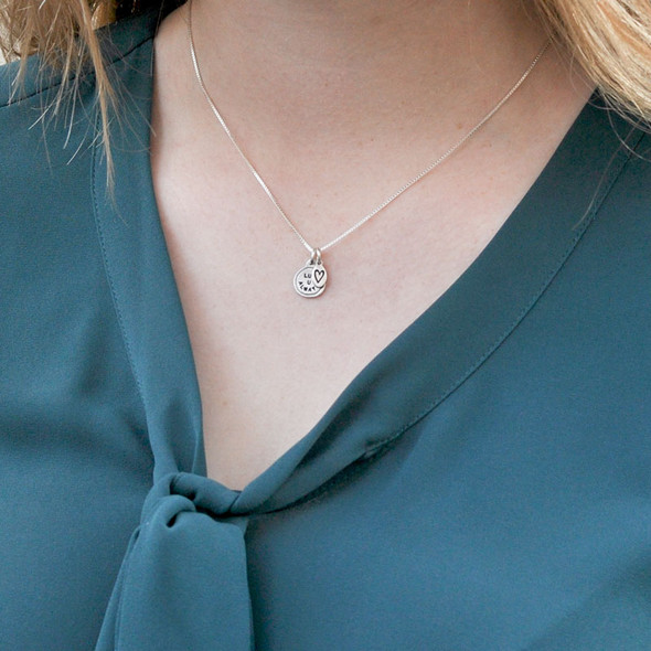 Model wearing custom silver love you always necklace