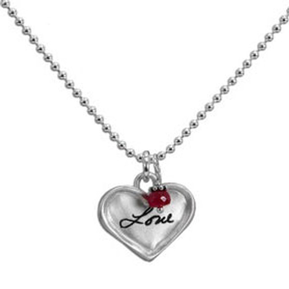 Sterling silver small heart for custom handwriting on necklace with birthstone, shown close up on white