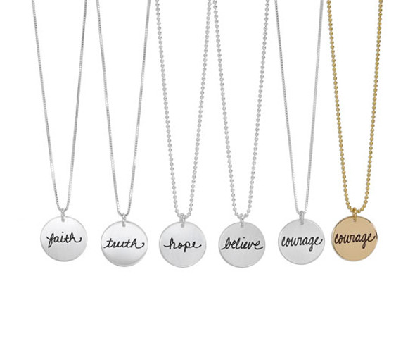 Cure for PANDAS necklaces, showing the available messages, in silver and gold-filled 