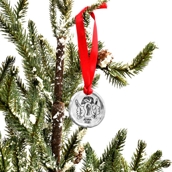 Custom fine pewter Christmas ornament, personalized with your child's artwork, shown on a Christmas tree