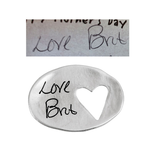 custom Heart Cutout Handwriting Pocket Token, personalized with wife's signature, made from fine pewter,  and shown with the original handwritten name, on white