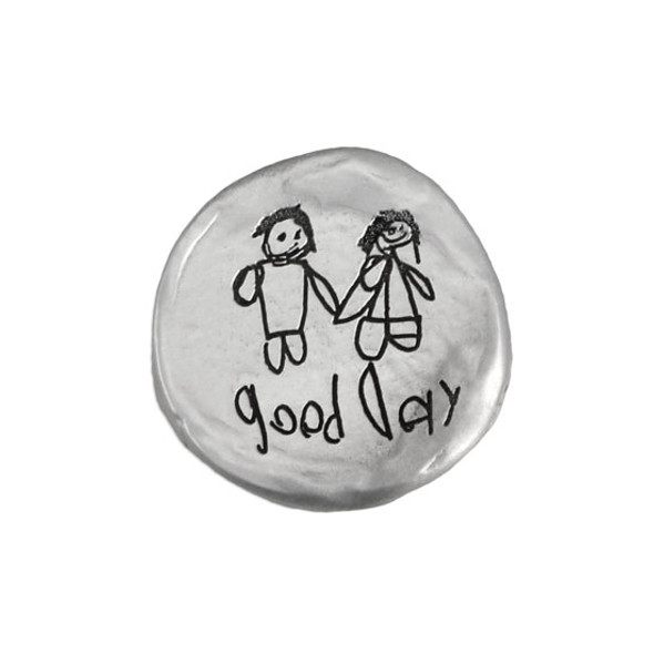 Mothers Day gift with child's handwriting and artwork on a fine pewter pocket charm. shown on white