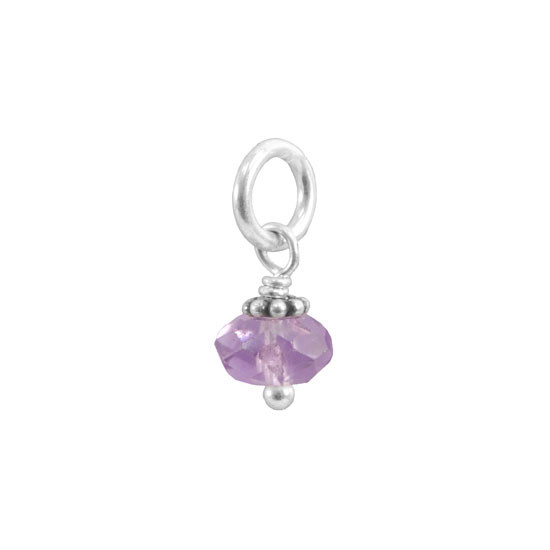 Amethyst gemstone saucer bead charm wire-wrapped in sterling silver with Bali flower spacer, shown hanging 