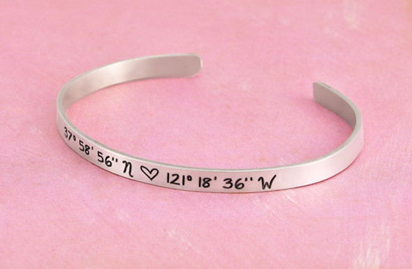 Silver custom coordinates cuff bracelet for her