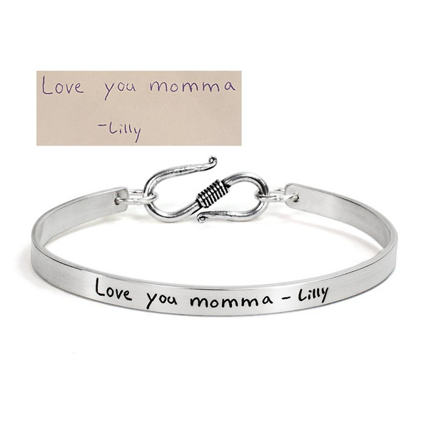 custom Sterling silver handwriting cuff bracelet with clasp, with child's handwriting for a Mother's Day gift
