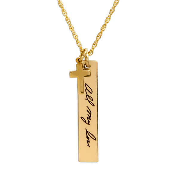 Custom gold handwriting pendant with gold cross, personalized with loved one's actual handwriting, "All My Love"