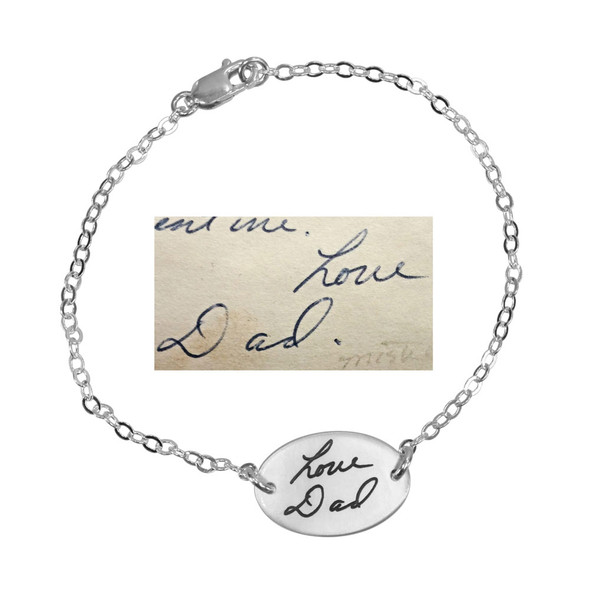 Sweet Oval Handwriting Bracelet in silver, with the original handwritten note used to personalize it