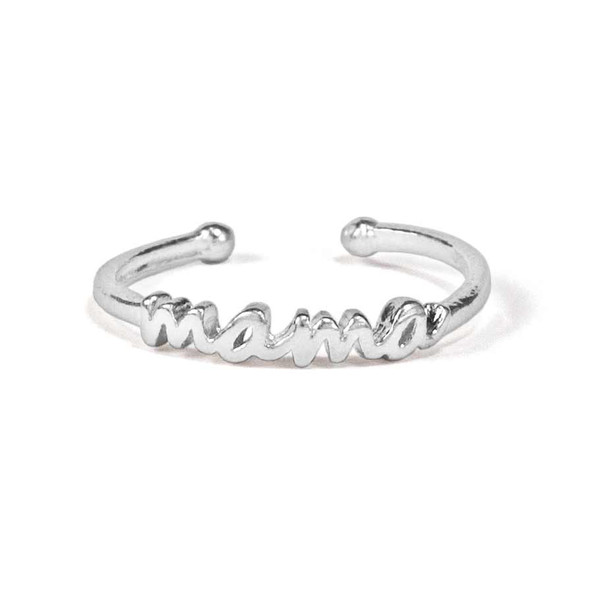 Sterling silver Mama ring shown on white