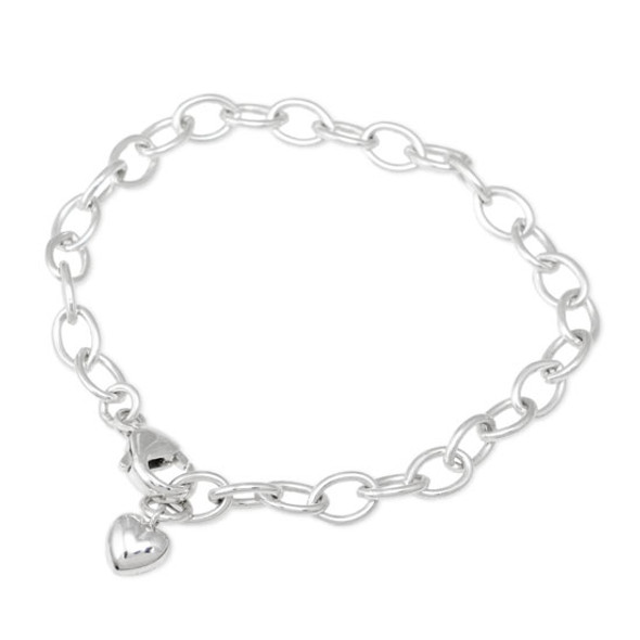 Sterling Silver Charm Bracelet Chain, with puffed silver heart, shown on white