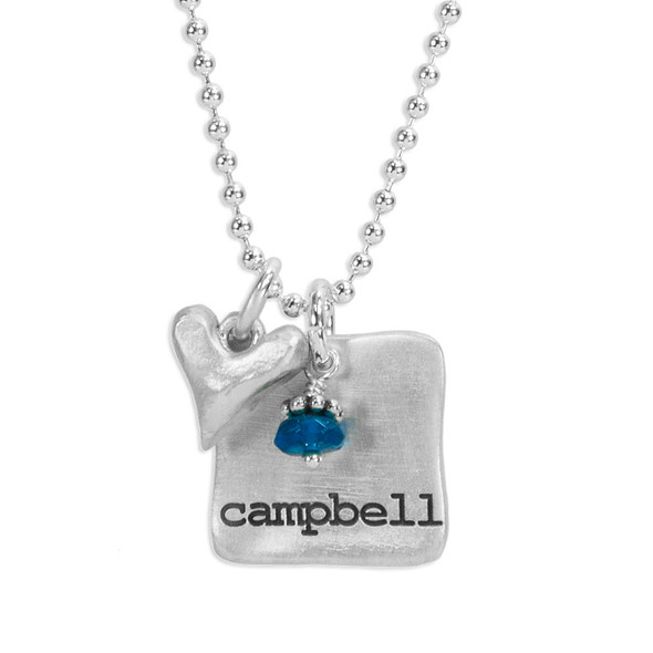 Silver Chunky Square Charm with Birthstone, shown on white, close up, with silver heart