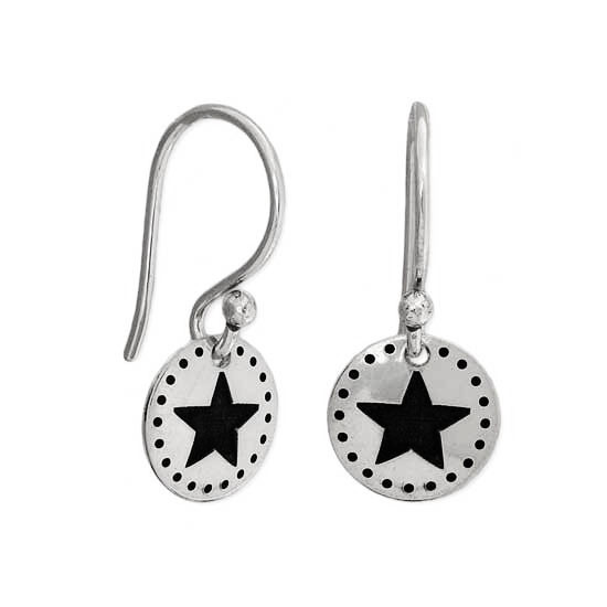 Handmade sterling silver star earrings with dotted border on sterling silver ear wires, shown close up on white