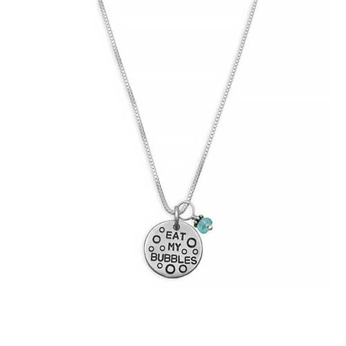 Silver Eat My Bubbles Necklace for a swimmer athlete shown on white