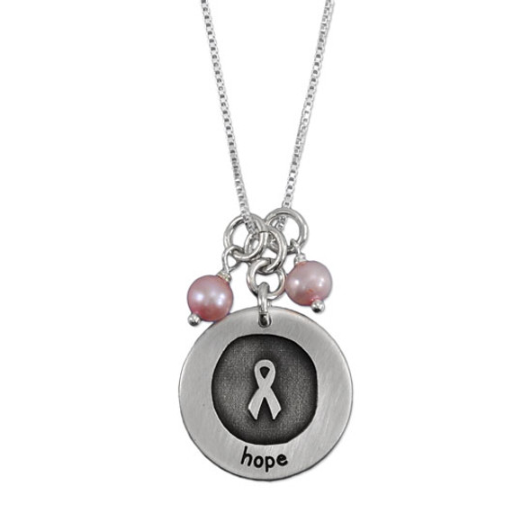 silver Etched Awareness Necklace with Pink Stones, shown on white