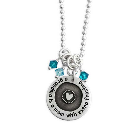 Silver Etched Grandma Forever Love Necklace, with birthstones and words around the edge