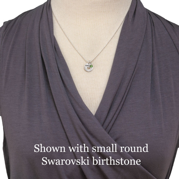 Hand stamped Heart Cut-Out Silver Disc Necklace, shown on model with optional Swarovski birthstone