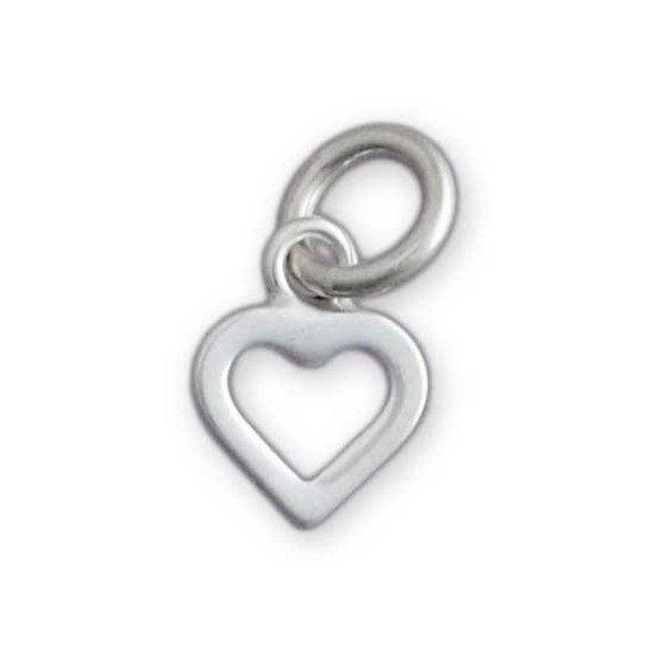 Small Open Heart silver charm, shown close up on white