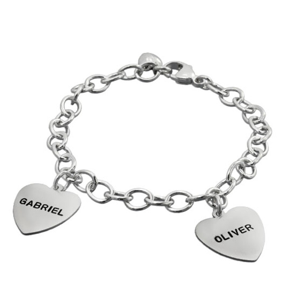 Custom silver heart charm bracelet, personalized with hand stamped names, for moms & grandmas
