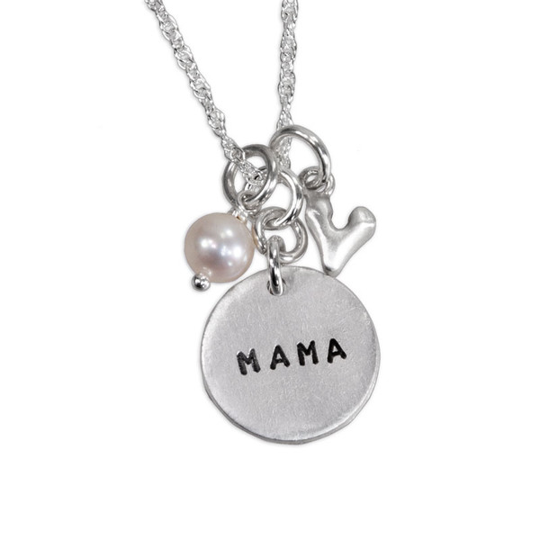 Custom hand stamped fine silver Mama Necklace, shown on white, with pearl and silver heart