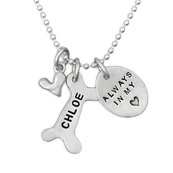 Pet lovers memorial silver necklace hand stamped with dog name