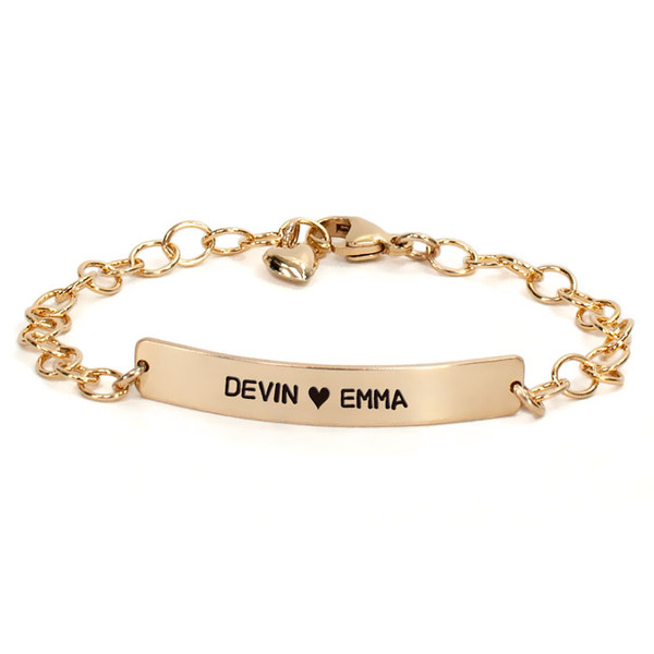 Custom Gold stamped ID bracelet, personalized with kids names , shown on white