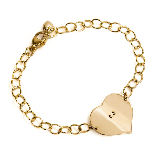 Hand Stamped Gold Heart Linked Bracelet, shown from the side on white, with "CJ" stamped on the heart
