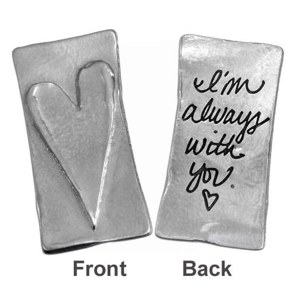 Your handwriting on a fine pewter pocket charm with a raised heart, shown on white