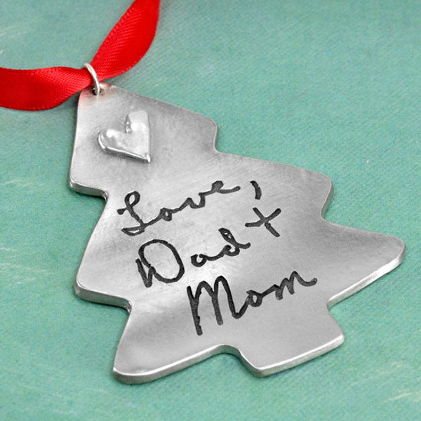 Personalized Christmas Tree Handwriting Ornament in fine pewter, customized with your loved one's handwritten note, shown on green