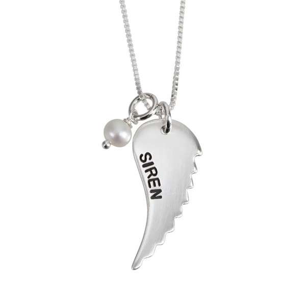 Custom Angel Wing with Pearl Necklace, personalized with child's stamped name, shown on close up on white