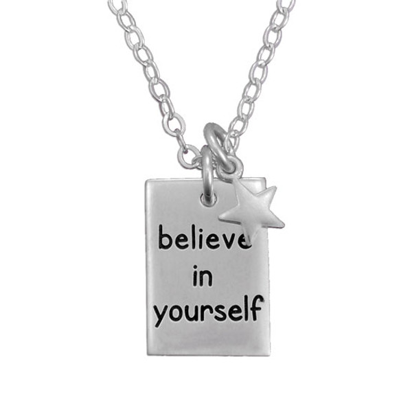 Custom Believe In Yourself Necklace, hand stamped in sterling silver, with silver star and sterling chain, shown on white background