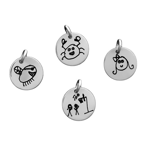 Custom silver disc Doodle Charms. Custom artwork jewelry personalized with your kids' artwork!