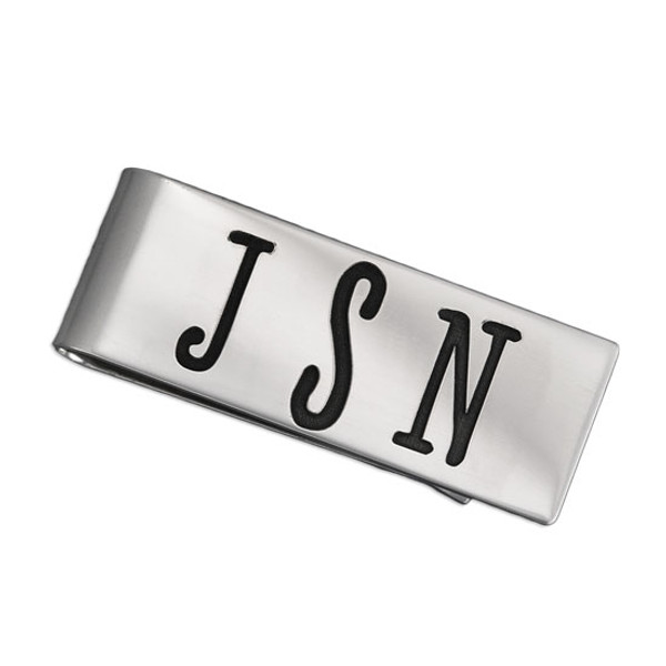 Sterling Silver Personalized Money Clip, customized with monogram, shown on white