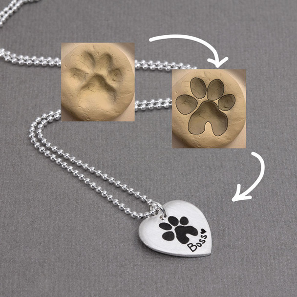 Custom silver heart necklace personalized with your pet's actual paw print, engraved on a sterling silver heart charm, shown with original pawprint from plaster cast