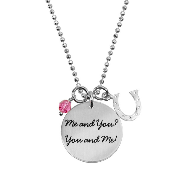 Custom sterling silver hand stamped Your Saying On A Necklace shown with birthstone and Lucky Sterling Horseshoe charm, personalized with your own message