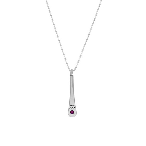 Wide view of fine silver custom Zodiac Pendant, personalized with zodiac symbol & matching purple birthstone, shown on white