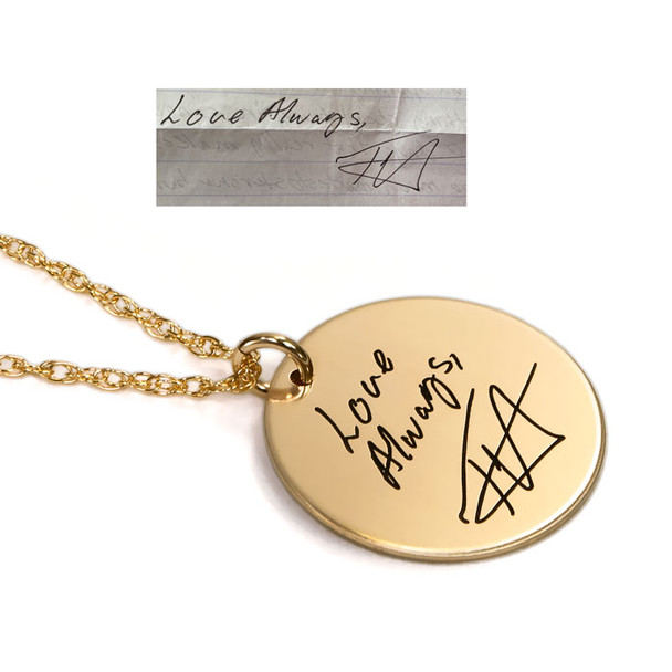 Custom gold disc handwriting necklace, personalized with spouse's handwritten note & signature, shown with original handwriting used to create it