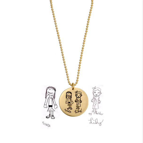 Custom gold disc handwriting necklace, personalized with drawings by the kids , shown with original artwork