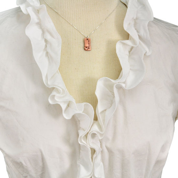 Hand stamped rectangle copper charms mommy necklace, personalized with kids names, shown on a model