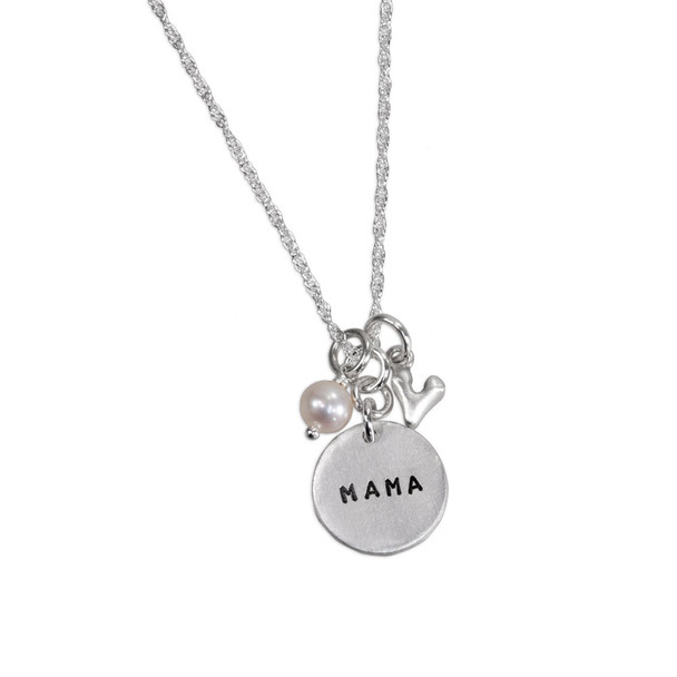 Custom hand stamped fine silver Mama Necklace, shown on white, with pearl and silver heart