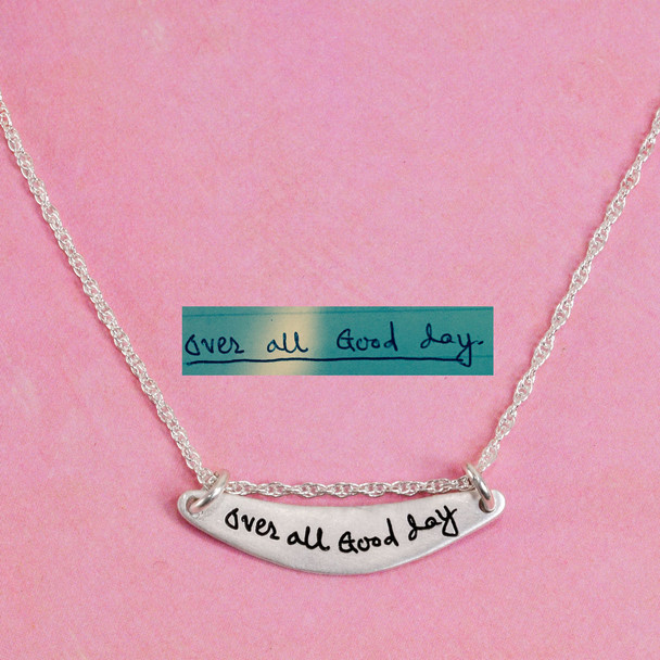 Silver handwriting pendant memorial, shown with original handwriting used to personalize it