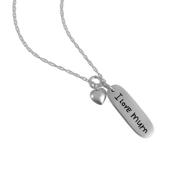 Custom Silver Handwriting Grandma Tag Necklace, personalized child's note to grandma, with silver puffed heart charm