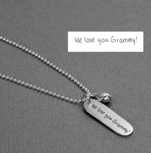 Custom Silver Handwriting Grandma Tag Necklace, personalized child's note to grandma, with silver puffed heart charm, shown with original handwritten note