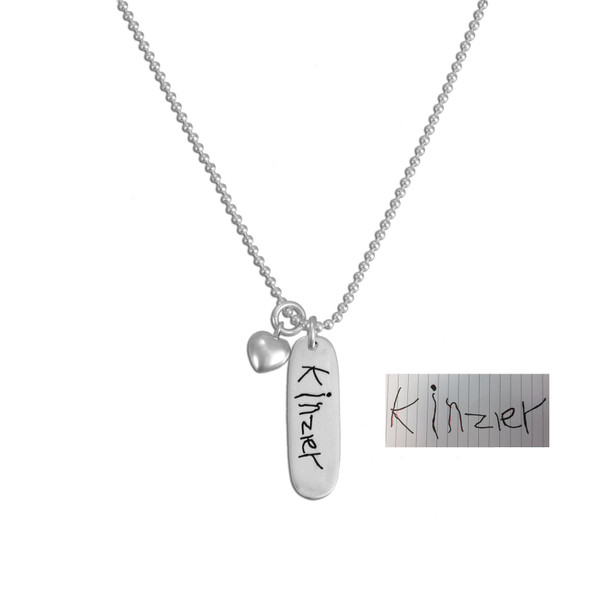 Custom Silver Handwriting Mom Tag Necklace, personalized with child's handwritten signature, with silver puffed heart charm, shown with original signature