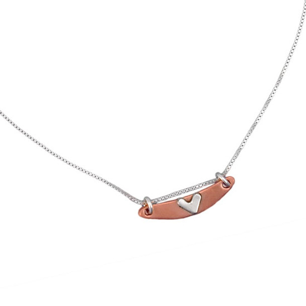 Custom Handmade Subtle Devotion Arc Necklace with copper arc and silver heart, shown from the side
