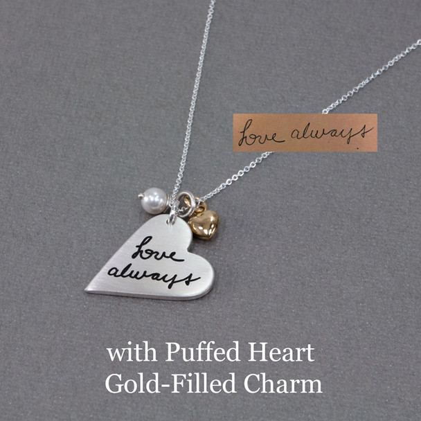 Custom Silver Sculpted Heart Handwriting Necklace, personalized with handwritten "Love Always", and hung with a puffed gold filled heart charm, a silver chain